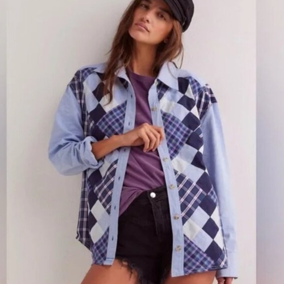 Free People Tops - Free people arqyle Plaid blue button down Shirt Xs nwot
